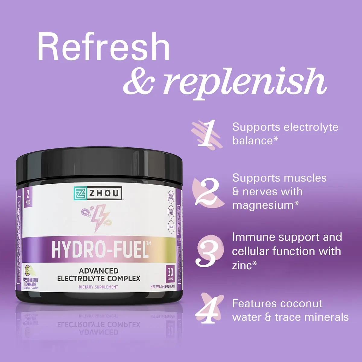 ZHOU Hydro-Fuel Passionfruit Lemonade Electrolytes Powder | Sugar-Free Hydration Mix for Active Lifestyle - view 3
