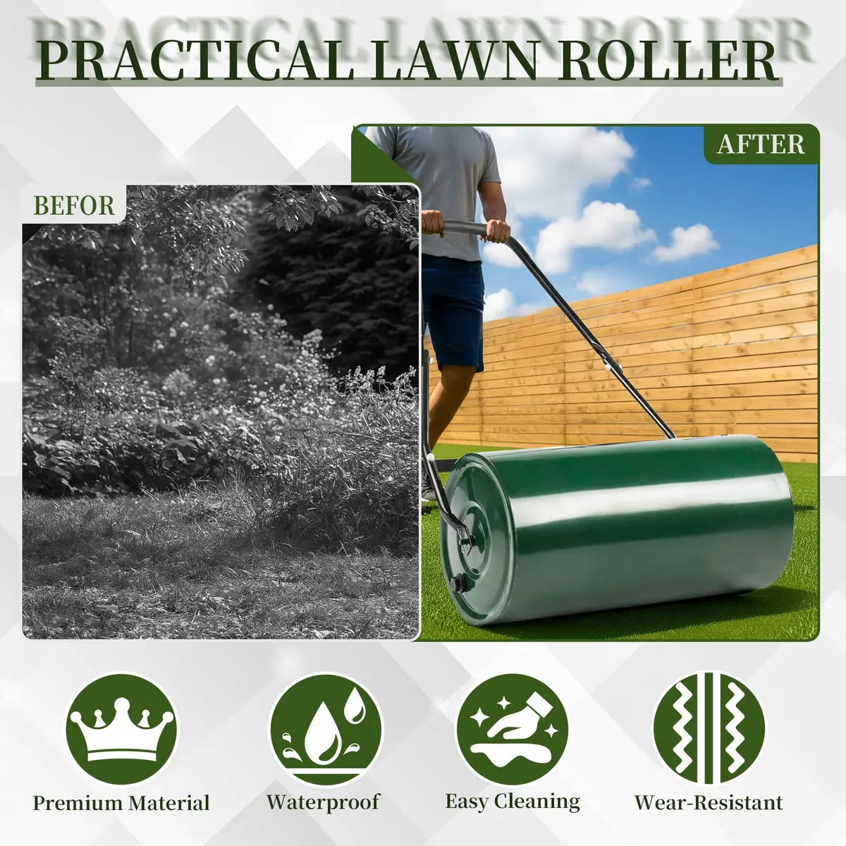 Outvita Lawn Roller, 13 Gallons | Water & Sand Filled, Steel Drum, Green & Black - view 4