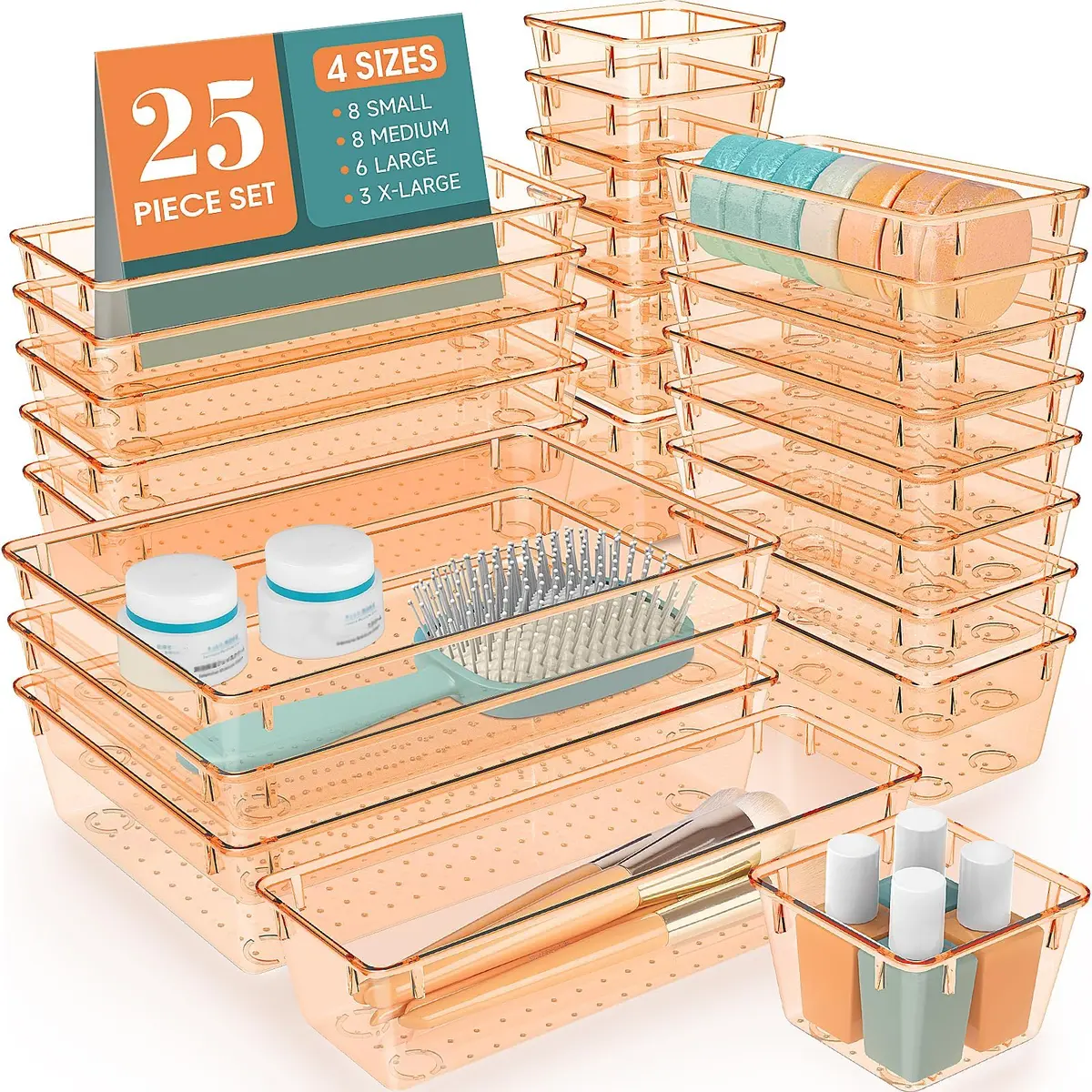 WOWBOX 25 PCS Plastic Drawer Organizer Set, 4 Sizes, Clear Orange | Versatile Home & Office Storage Bins - main product image