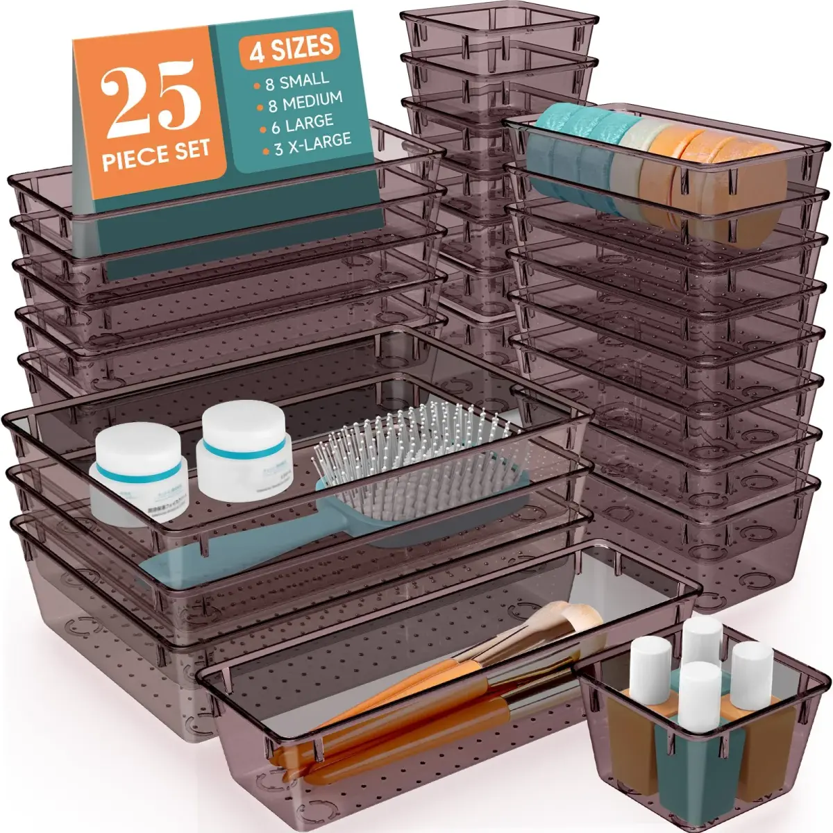 WOWBOX 25 PCS Plastic Drawer Organizer Set, Makeup Organizers and Storage Bins | 4 Sizes, Clear, Non-Toxic Plastic - main product image