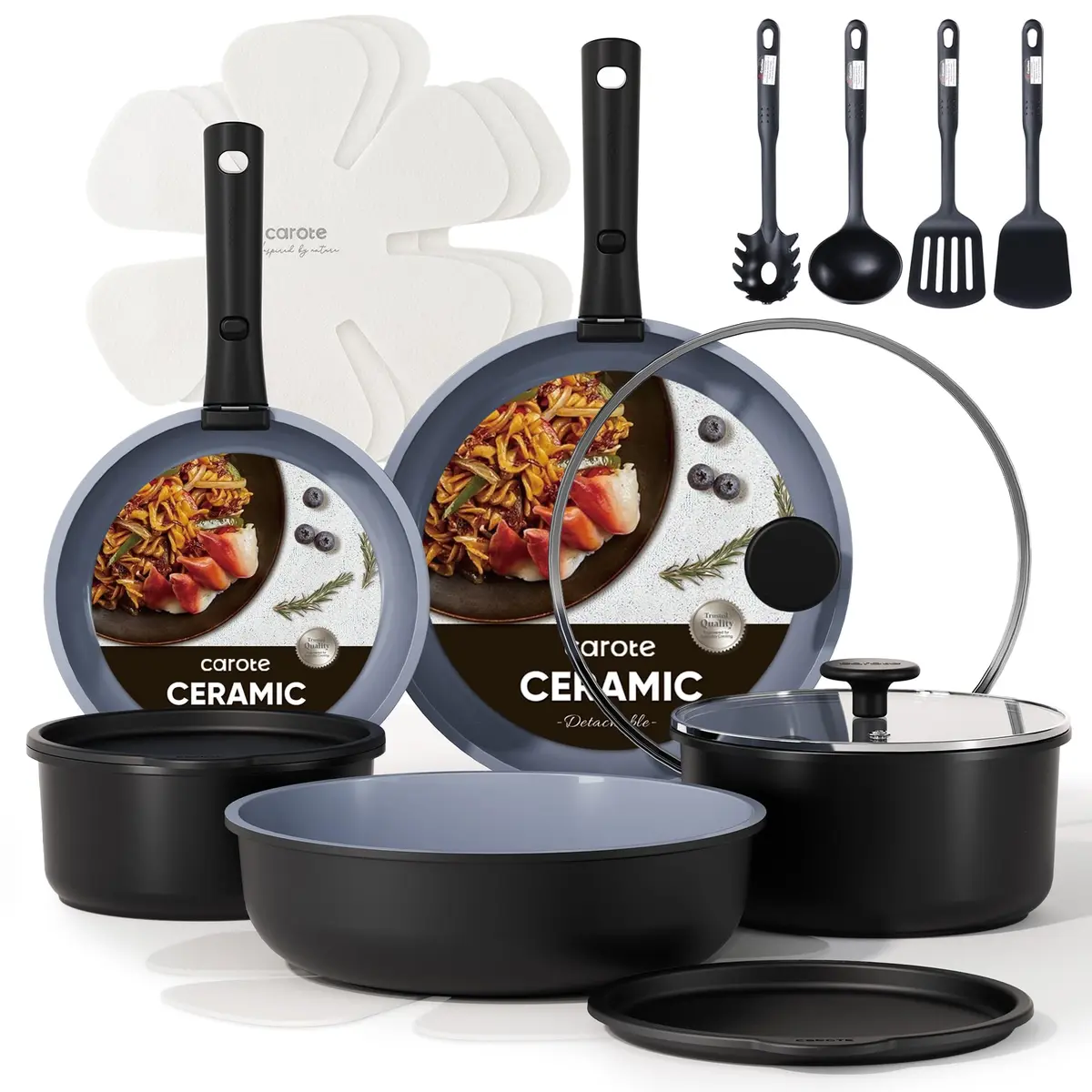 CAROTE 19pcs Ceramic Cookware Set Detachable Handle | Non Stick, Healthy Cooking, Space Saving - main product image