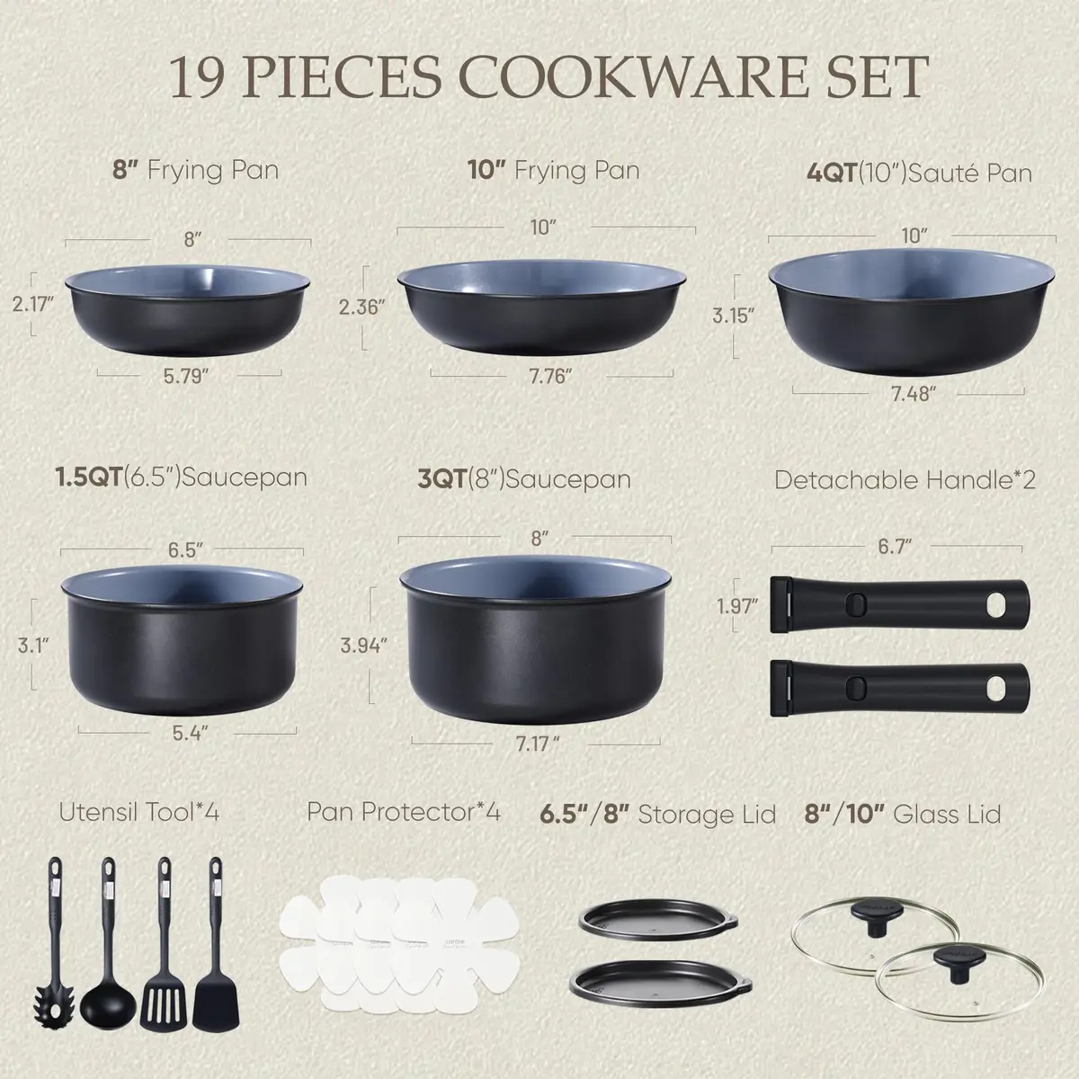CAROTE 19pcs Ceramic Cookware Set Detachable Handle | Non Stick, Healthy Cooking, Space Saving - view 2