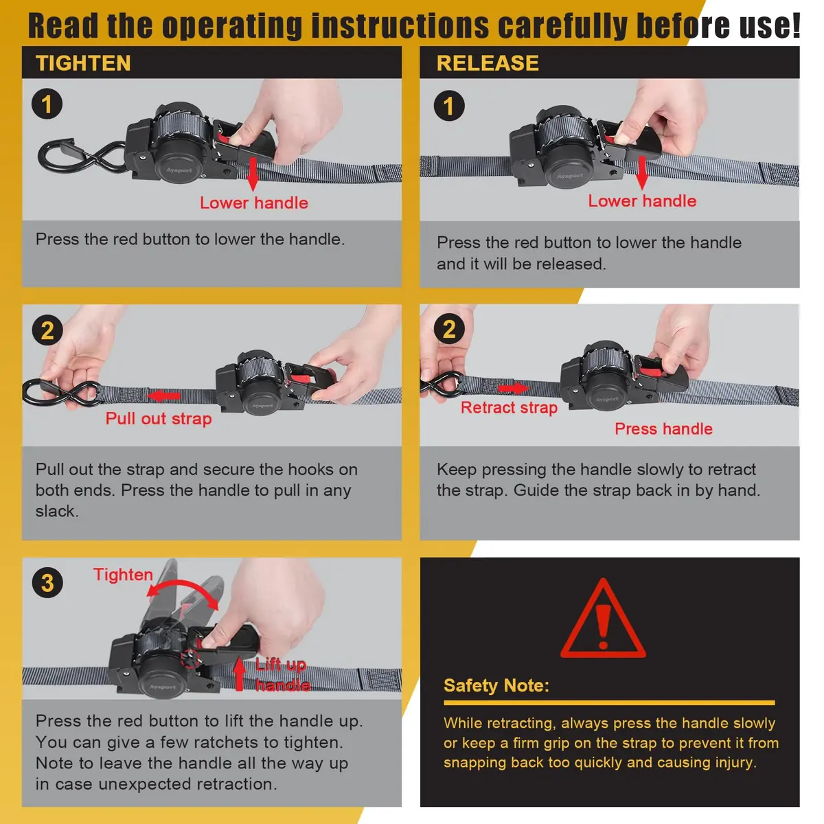 Ayaport Retractable Ratchet Straps 1in x 12ft | Heavy Duty Motorcycle & Cargo Tie Downs - view 6