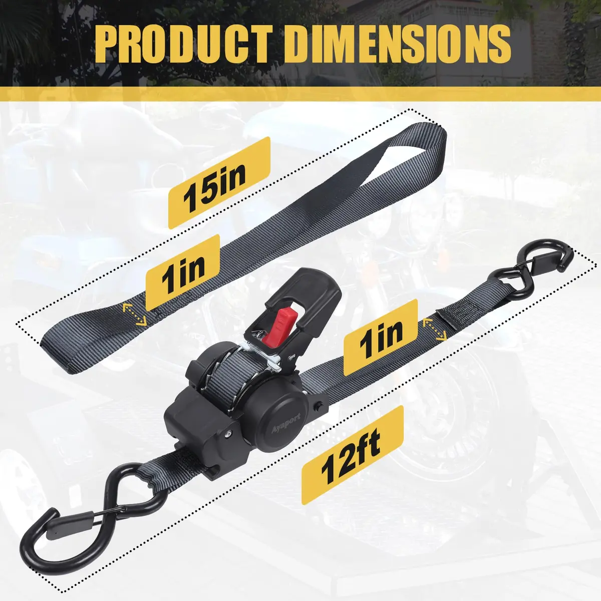 Ayaport Retractable Ratchet Straps 1in x 12ft | Heavy Duty Motorcycle & Cargo Tie Downs - view 7