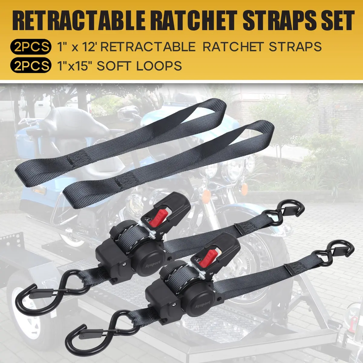 Ayaport Retractable Ratchet Straps 1in x 12ft | Heavy Duty Motorcycle & Cargo Tie Downs - view 8