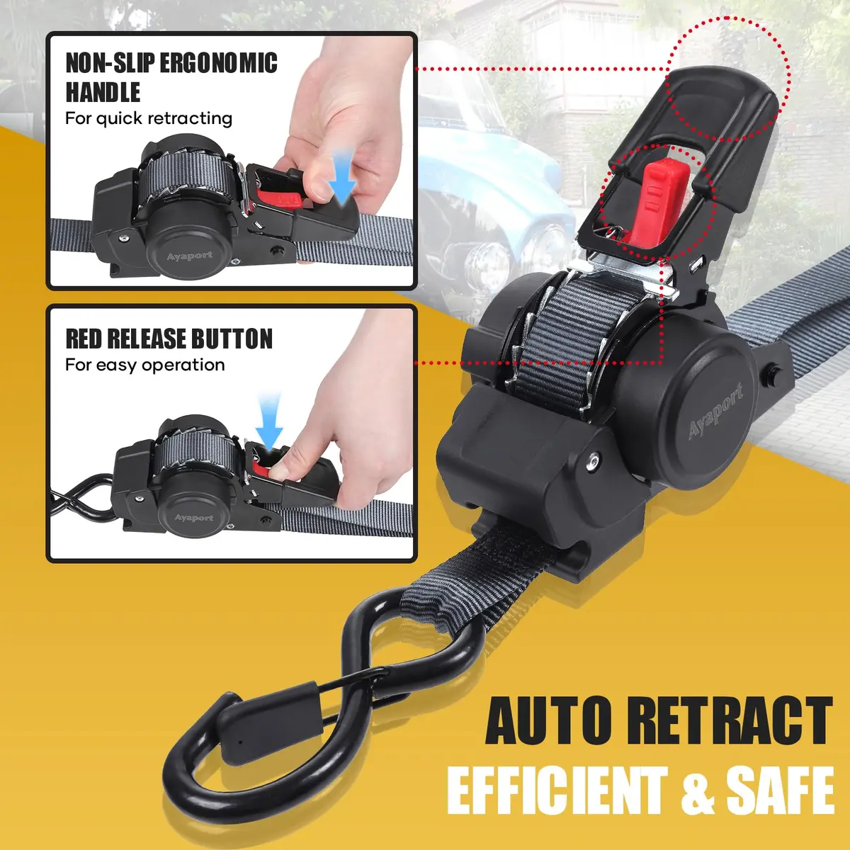 Ayaport Retractable Ratchet Straps 1in x 12ft | Heavy Duty Motorcycle & Cargo Tie Downs - view 2
