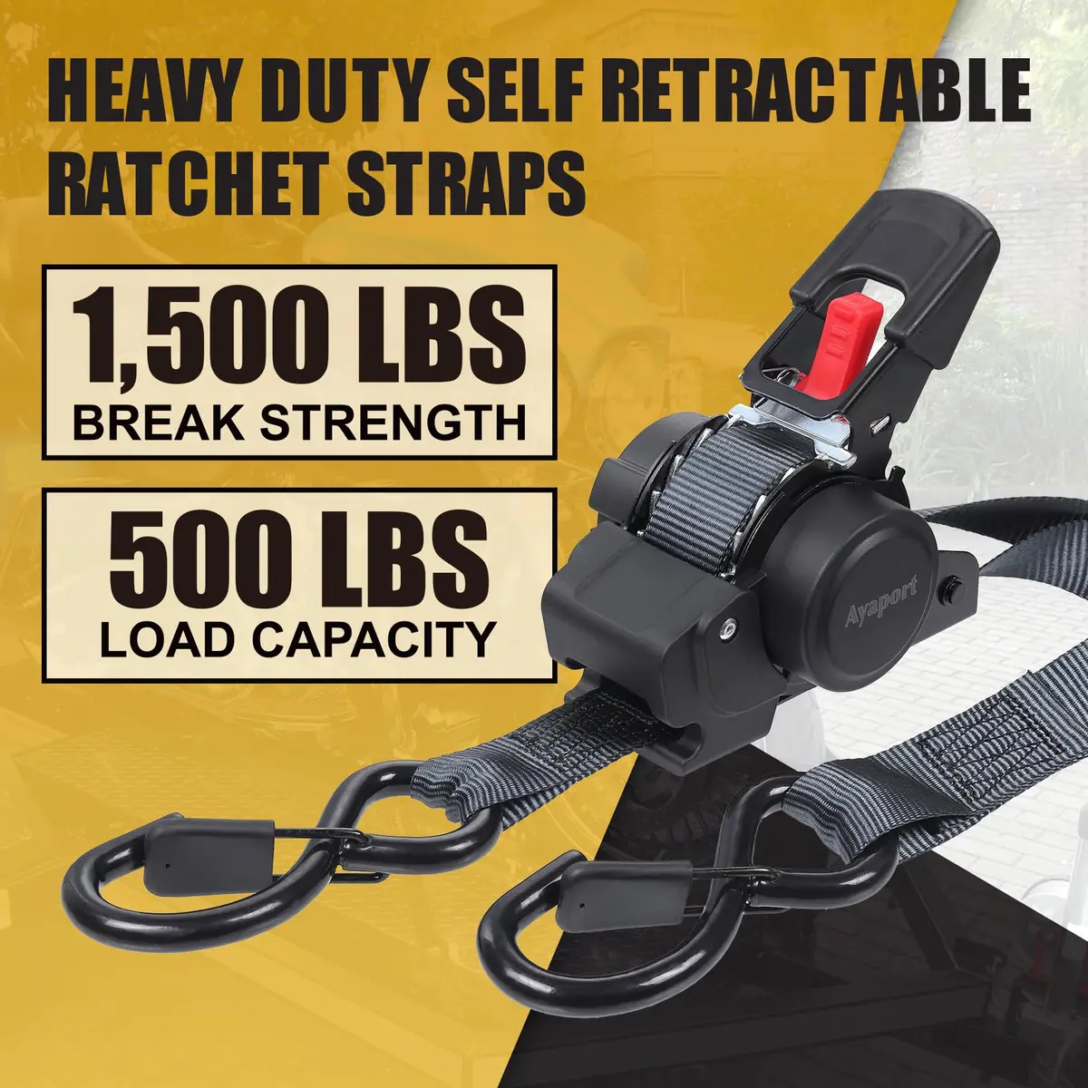 Ayaport Retractable Ratchet Straps 1in x 12ft | Heavy Duty Motorcycle & Cargo Tie Downs - view 3