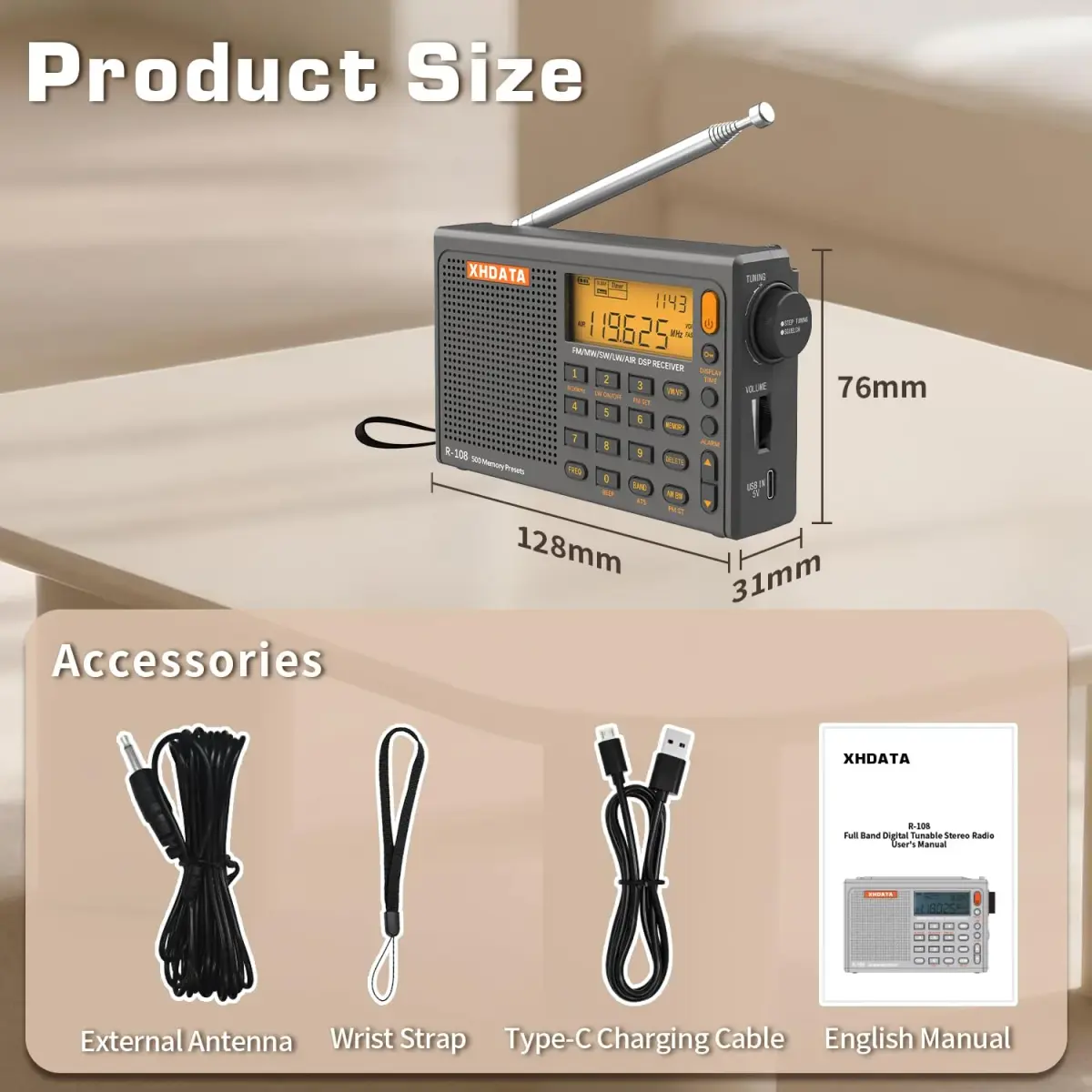 XHDATA R108 Portable Radio AM/FM/SW/LW/Airband Shortwave Receiver 12.7cm (5in) | DSP Chip for Clear Reception - view 6