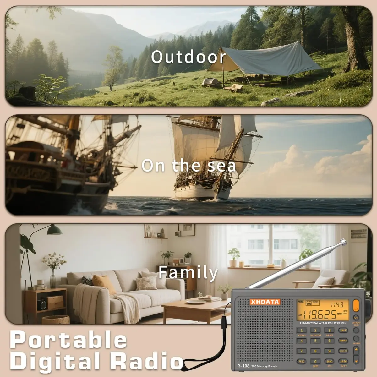 XHDATA R108 Portable Radio AM/FM/SW/LW/Airband Shortwave Receiver 12.7cm (5in) | DSP Chip for Clear Reception - view 7
