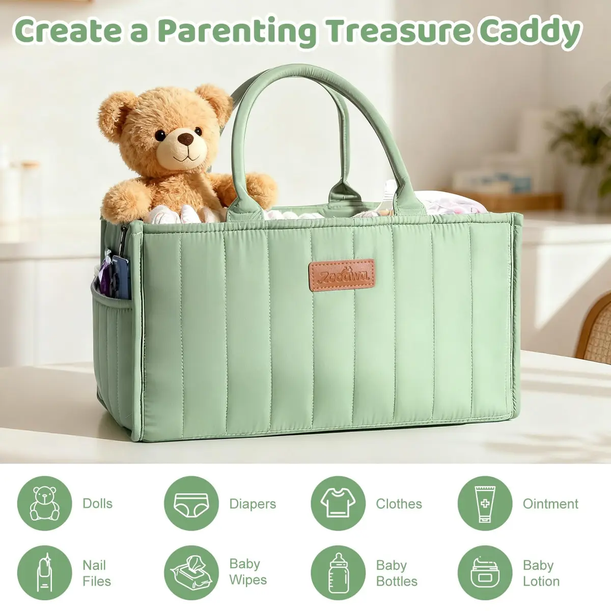 Zooawa Baby Diaper Caddy Organizer, Portable Nursery Storage Basket with Compartments, Handle & Shoulder Strap in Matcha Green - view 5