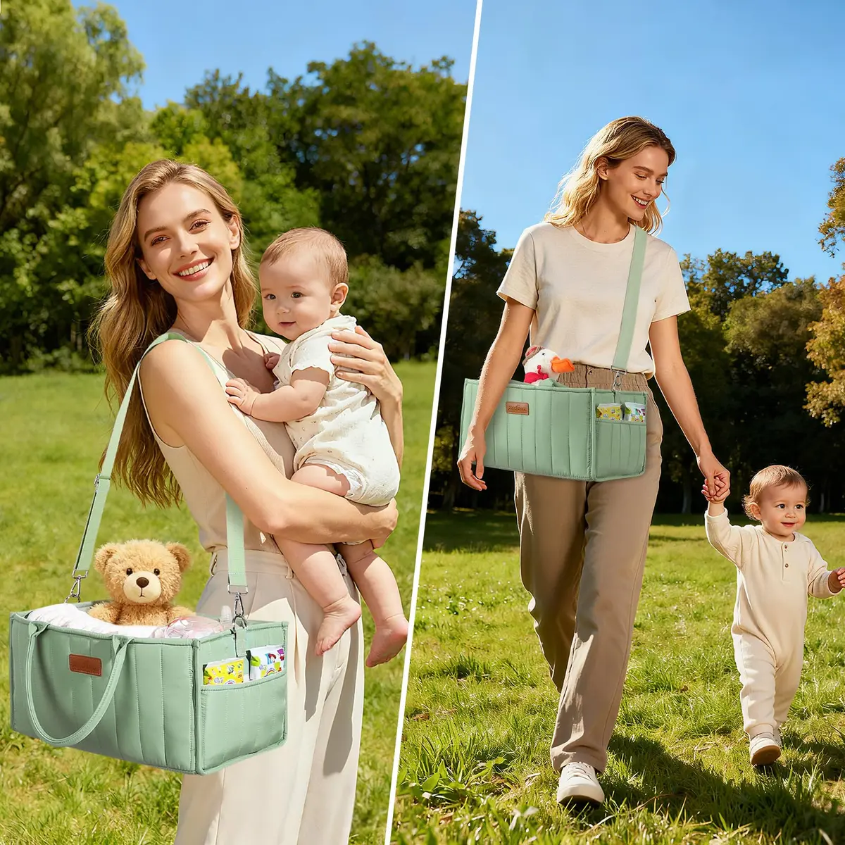 Zooawa Baby Diaper Caddy Organizer, Portable Nursery Storage Basket with Compartments, Handle & Shoulder Strap in Matcha Green - view 2