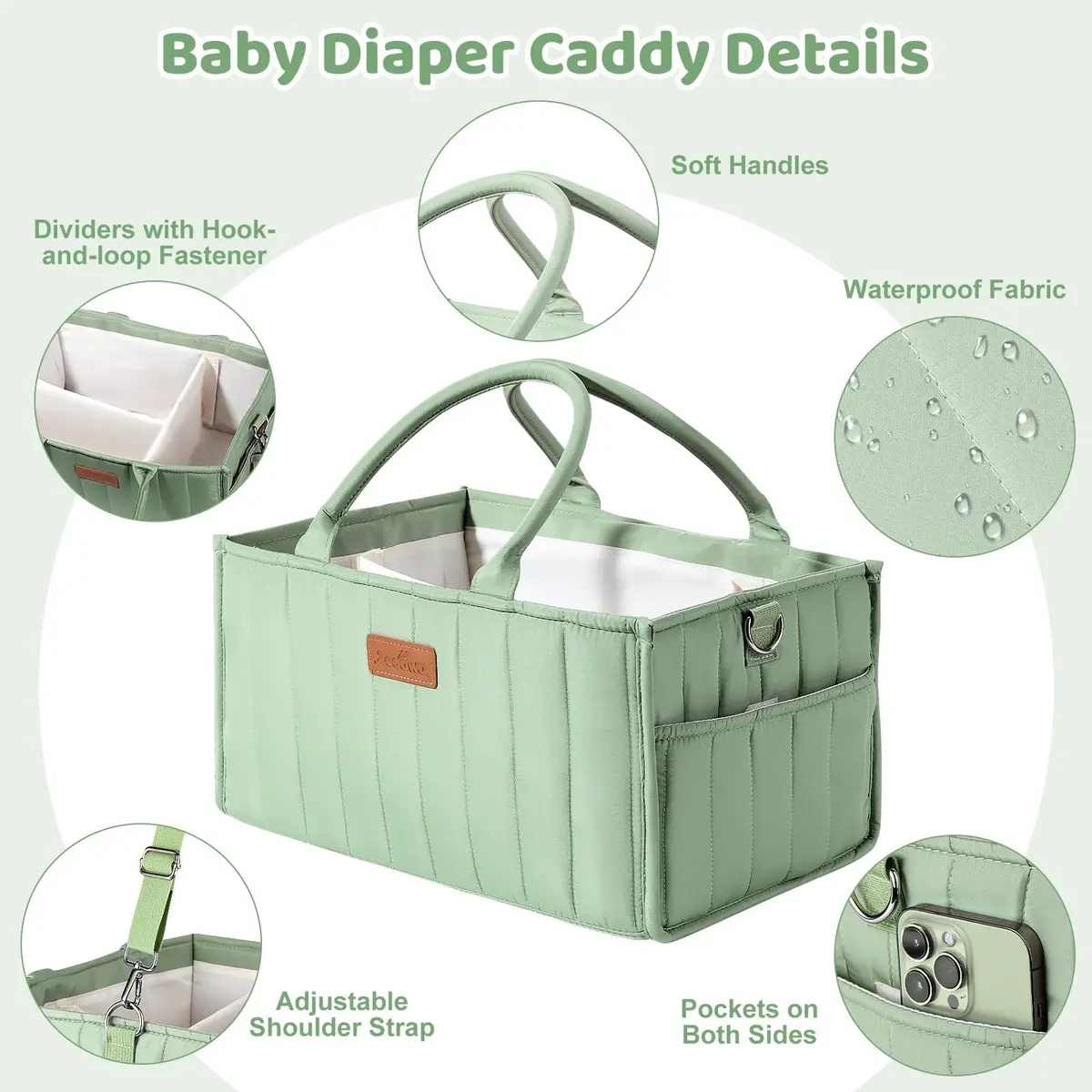 Zooawa Baby Diaper Caddy Organizer, Portable Nursery Storage Basket with Compartments, Handle & Shoulder Strap in Matcha Green - view 3