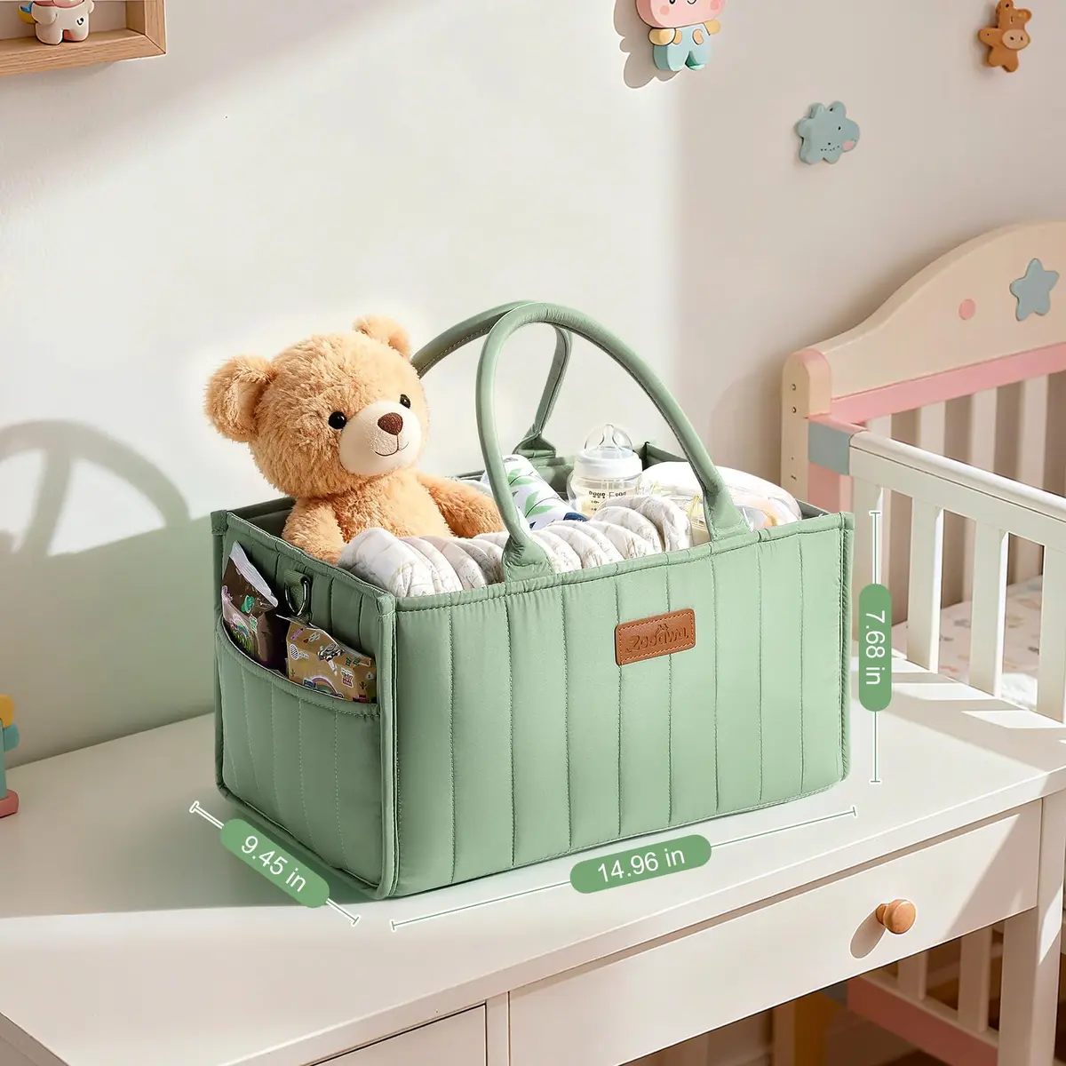 Zooawa Baby Diaper Caddy Organizer, Portable Nursery Storage Basket with Compartments, Handle & Shoulder Strap in Matcha Green - view 4