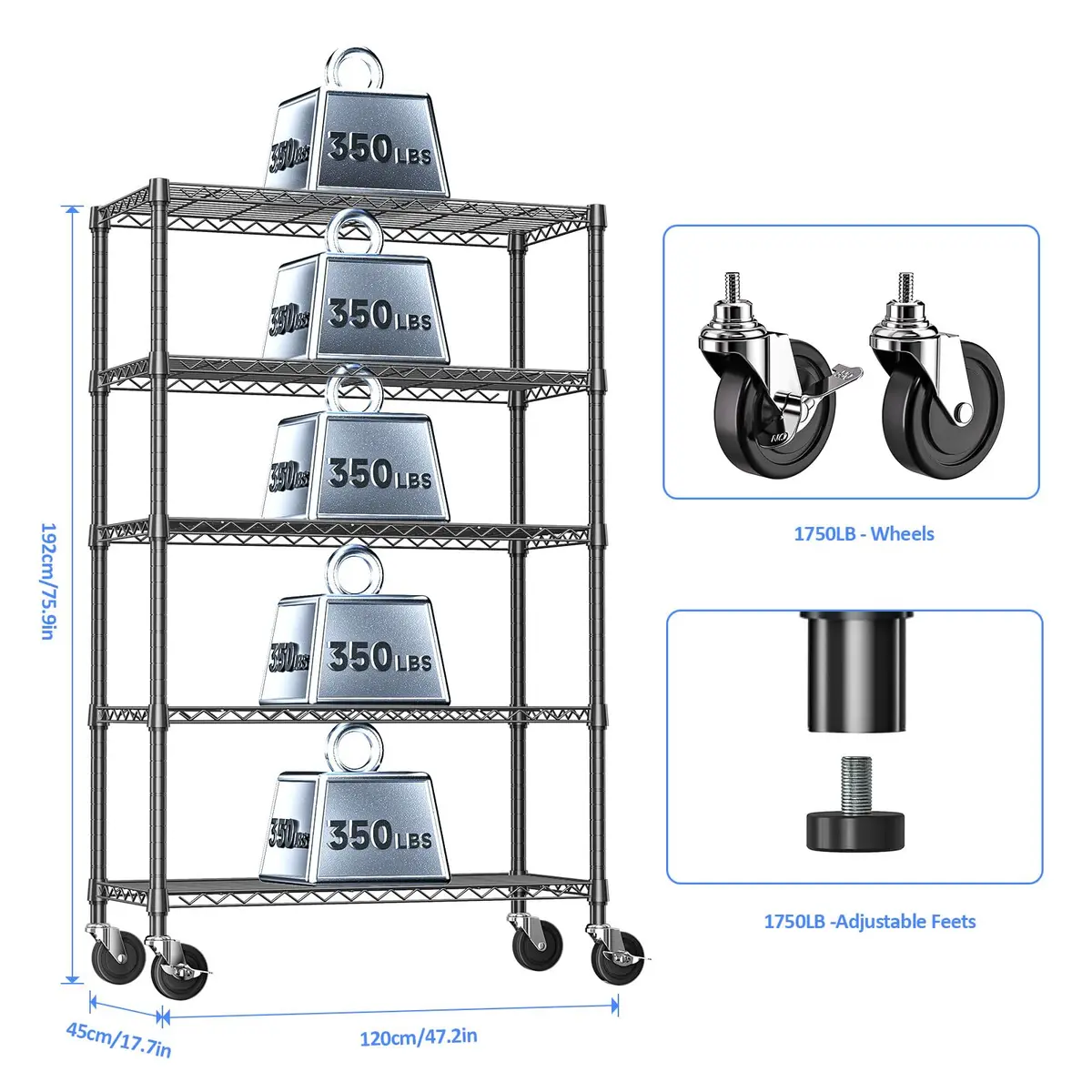 IZEUK 5-Tier Garage Shelving, 17.7"D x 47.2"W x 76.7"H | Heavy Duty Steel Wire Rack with Wheels - view 2