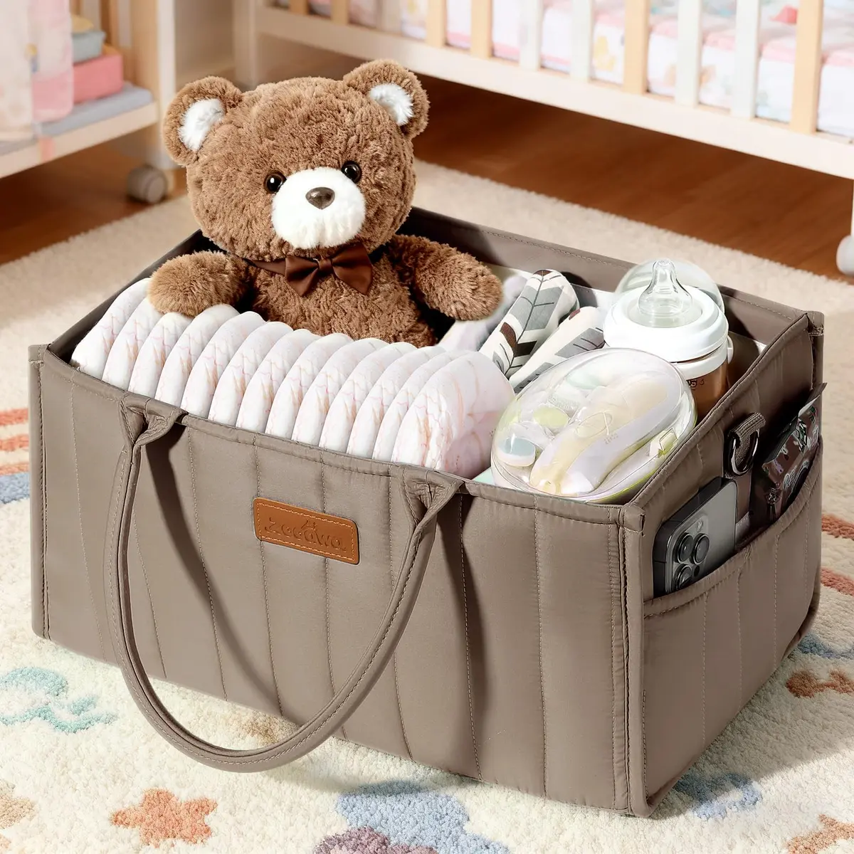 Zooawa Baby Diaper Caddy Organizer, Portable Nursery Storage Basket with Compartments, Handle & Shoulder Strap for Newborn Baby Essentials, Gift for Baby Shower, Mocha Brown - main product image