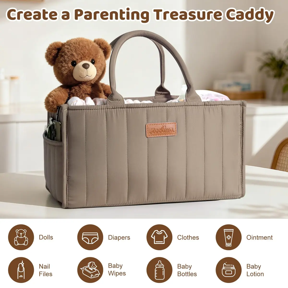 Zooawa Baby Diaper Caddy Organizer, Portable Nursery Storage Basket with Compartments, Handle & Shoulder Strap for Newborn Baby Essentials, Gift for Baby Shower, Mocha Brown - view 5