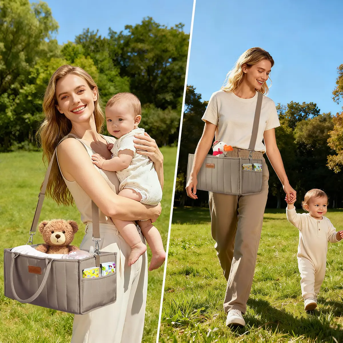 Zooawa Baby Diaper Caddy Organizer, Portable Nursery Storage Basket with Compartments, Handle & Shoulder Strap for Newborn Baby Essentials, Gift for Baby Shower, Mocha Brown - view 2