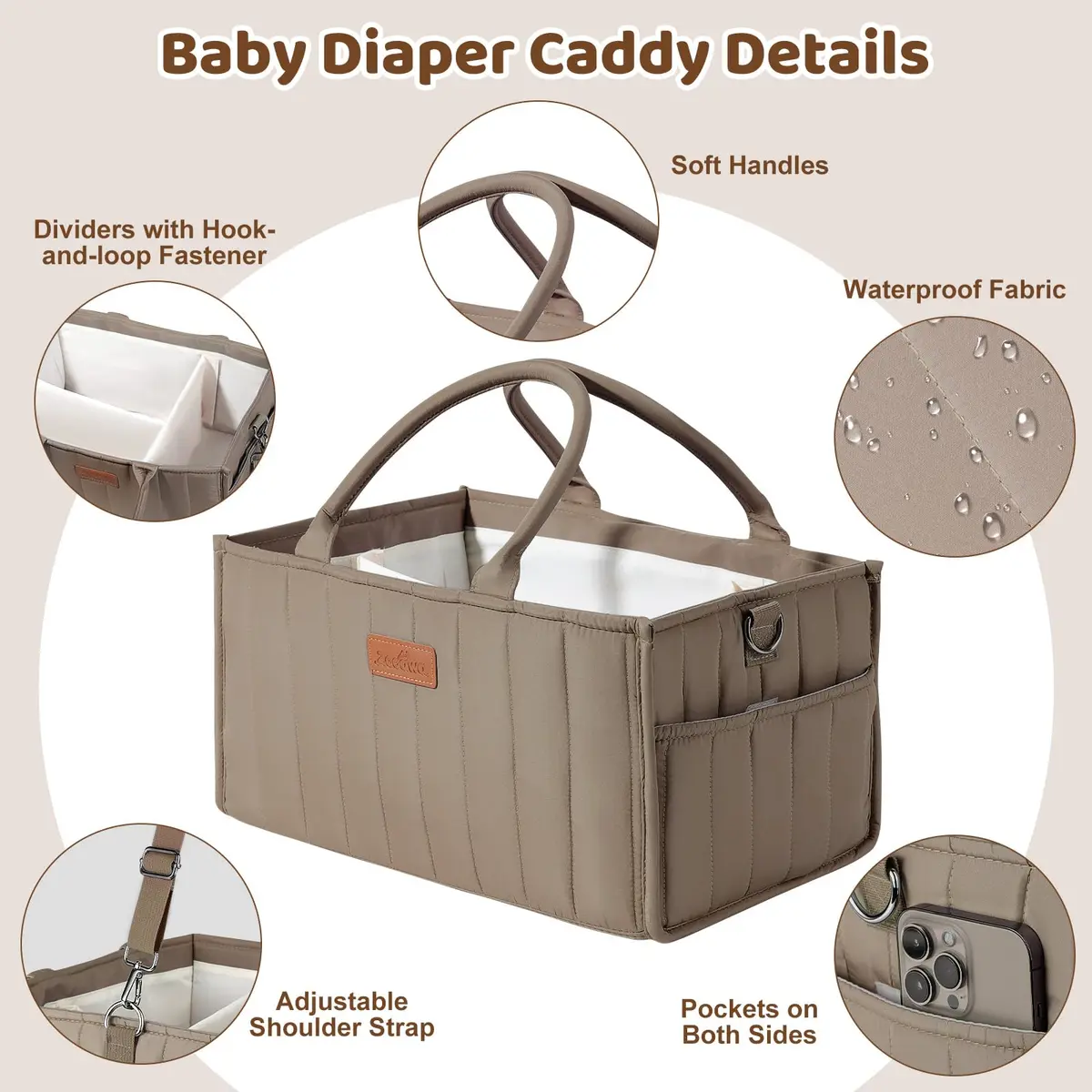 Zooawa Baby Diaper Caddy Organizer, Portable Nursery Storage Basket with Compartments, Handle & Shoulder Strap for Newborn Baby Essentials, Gift for Baby Shower, Mocha Brown - view 3