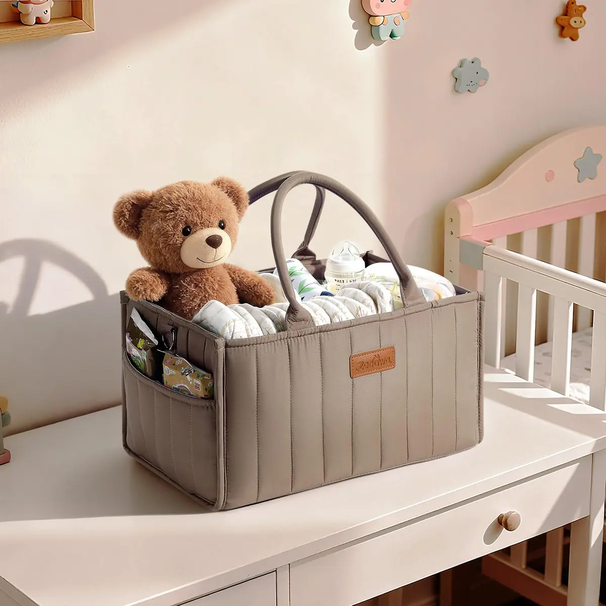 Zooawa Baby Diaper Caddy Organizer, Portable Nursery Storage Basket with Compartments, Handle & Shoulder Strap for Newborn Baby Essentials, Gift for Baby Shower, Mocha Brown - view 4