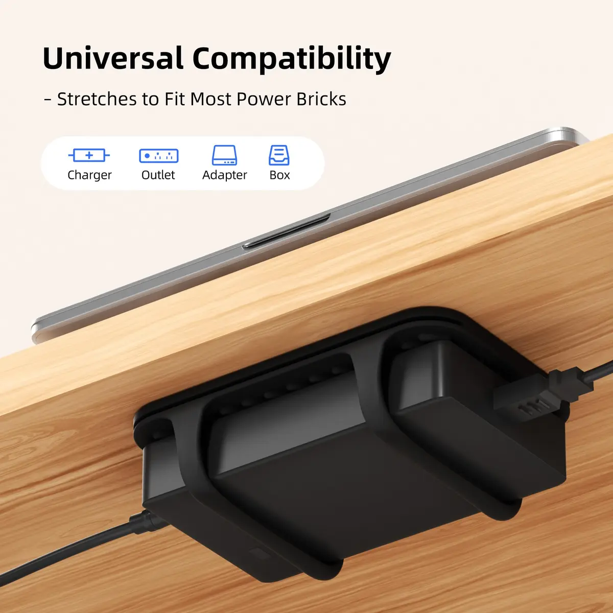 ELETIUO Universal Silicone Laptop Charger Holder, Under Desk Power Brick Mount, Black | Secure, Space-Saving, Damage-Free - view 2