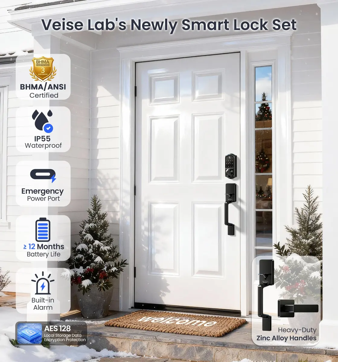 Veise VE017-D Fingerprint Smart Front Door Lock Set, Matte Black | App Control, 8-in-1 Keyless Entry, Auto Lock, Touchscreen Keypad - view 5