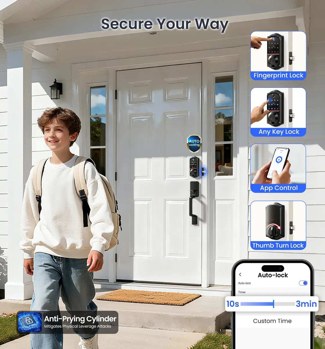 Veise VE017-D Fingerprint Smart Front Door Lock Set, Matte Black | App Control, 8-in-1 Keyless Entry, Auto Lock, Touchscreen Keypad - view 7