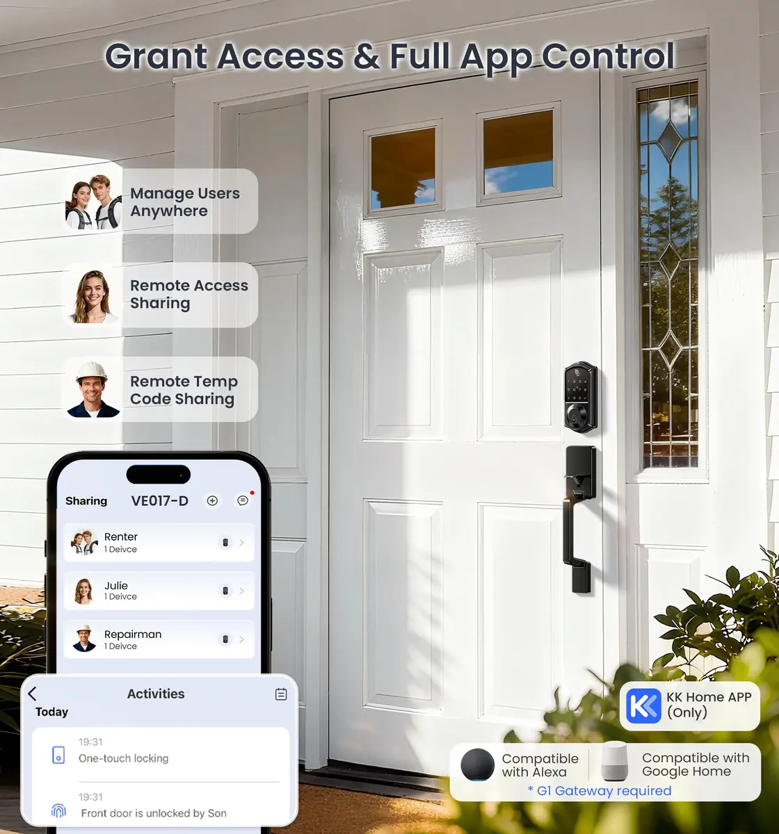 Veise VE017-D Fingerprint Smart Front Door Lock Set, Matte Black | App Control, 8-in-1 Keyless Entry, Auto Lock, Touchscreen Keypad - view 2