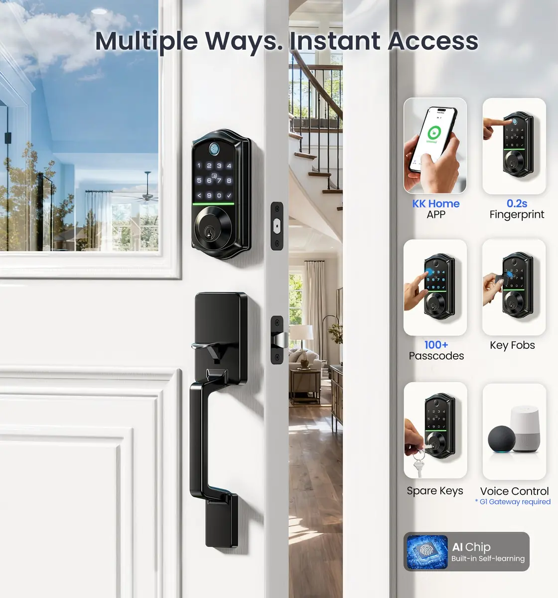 Veise VE017-D Fingerprint Smart Front Door Lock Set, Matte Black | App Control, 8-in-1 Keyless Entry, Auto Lock, Touchscreen Keypad - view 3