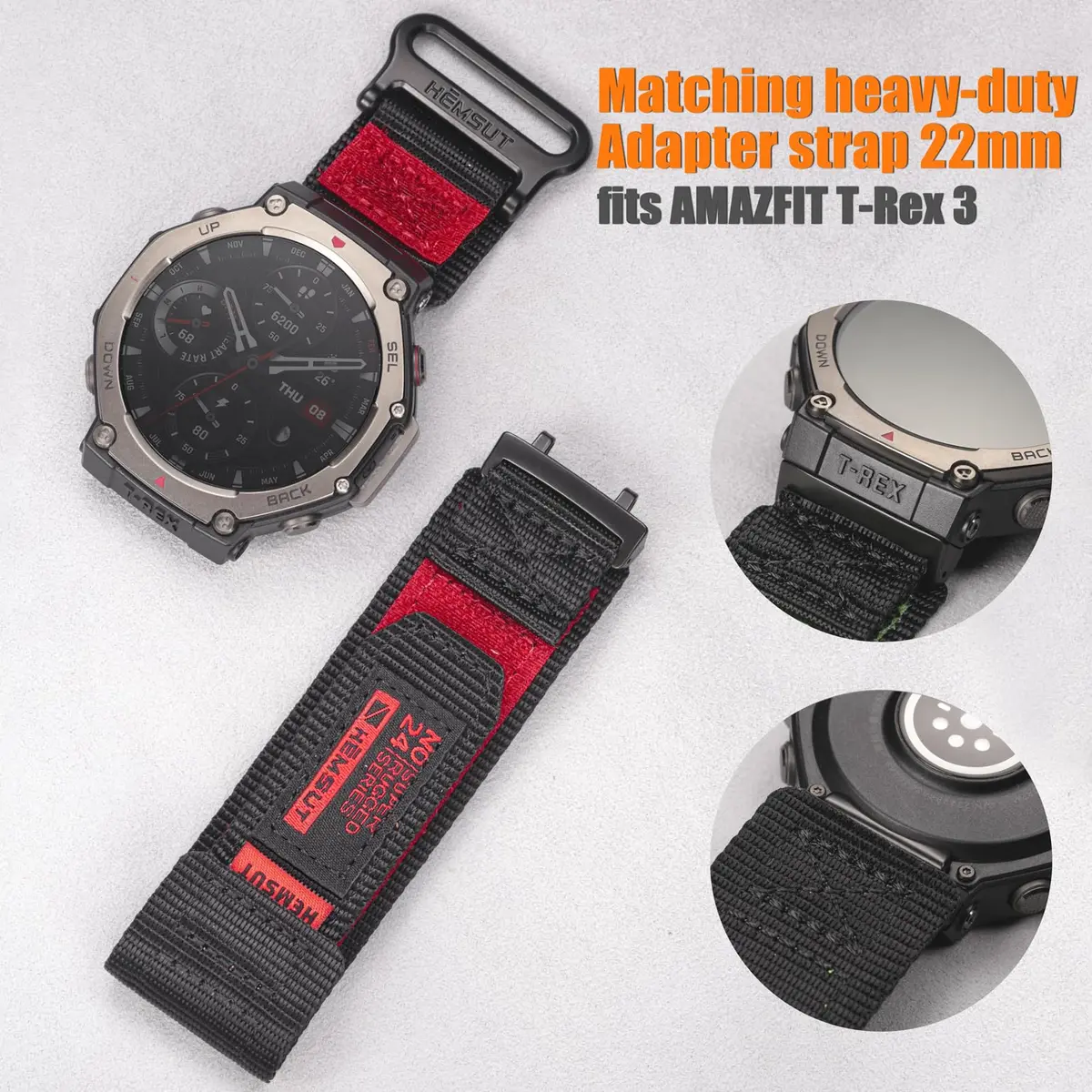 torbollo Sport Loop Watch Band for Amazfit T-Rex 3 Pro 48mm, Black/Red Nylon, M/L (7.09"-9") | Breathable & Adjustable - view 6