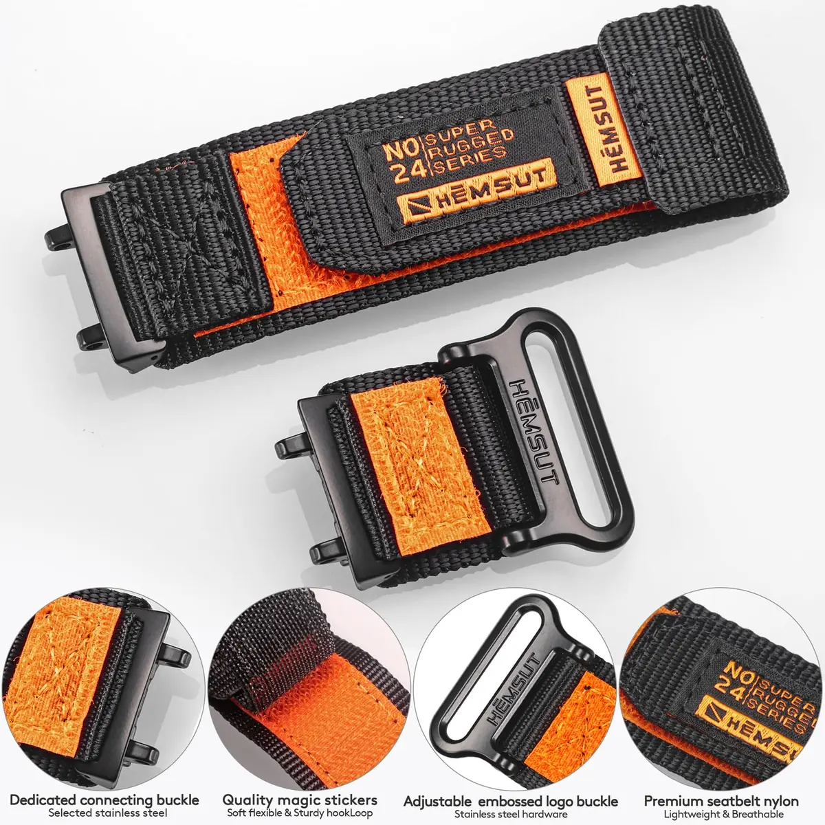 torbollo Sport Loop Watch Band for Amazfit T-Rex 3 Pro 48mm | Black/Orange Nylon, Adjustable Hook-and-Loop - view 5