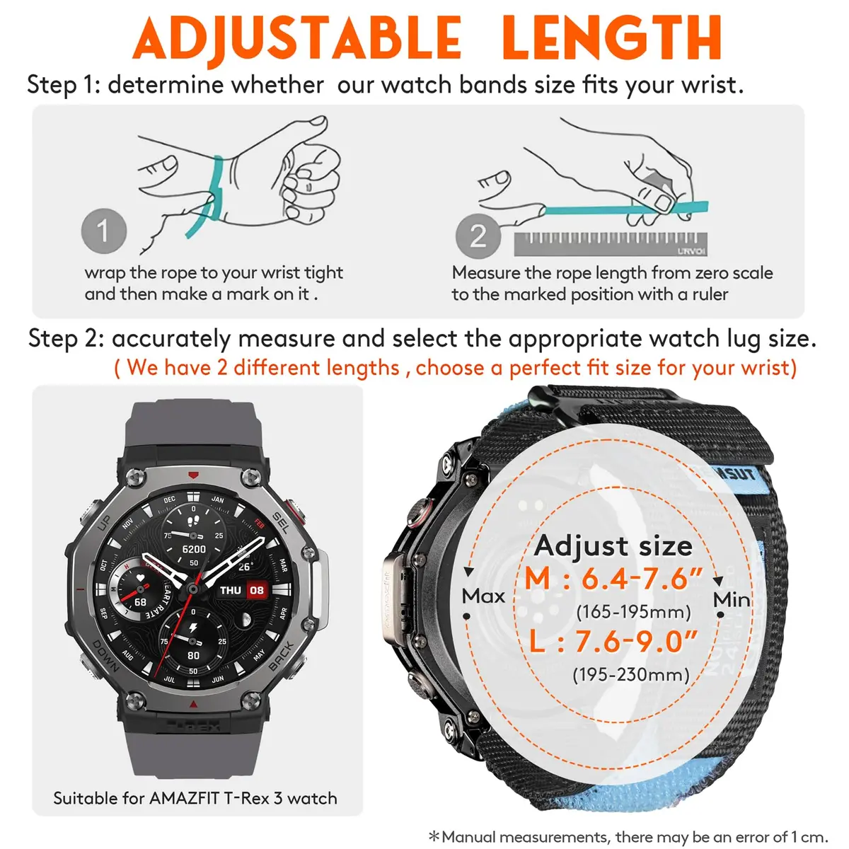 torbollo Sport Loop Watch Band for Amazfit T-Rex 3 Pro 48mm | Black/Orange Nylon, Adjustable Hook-and-Loop - view 4