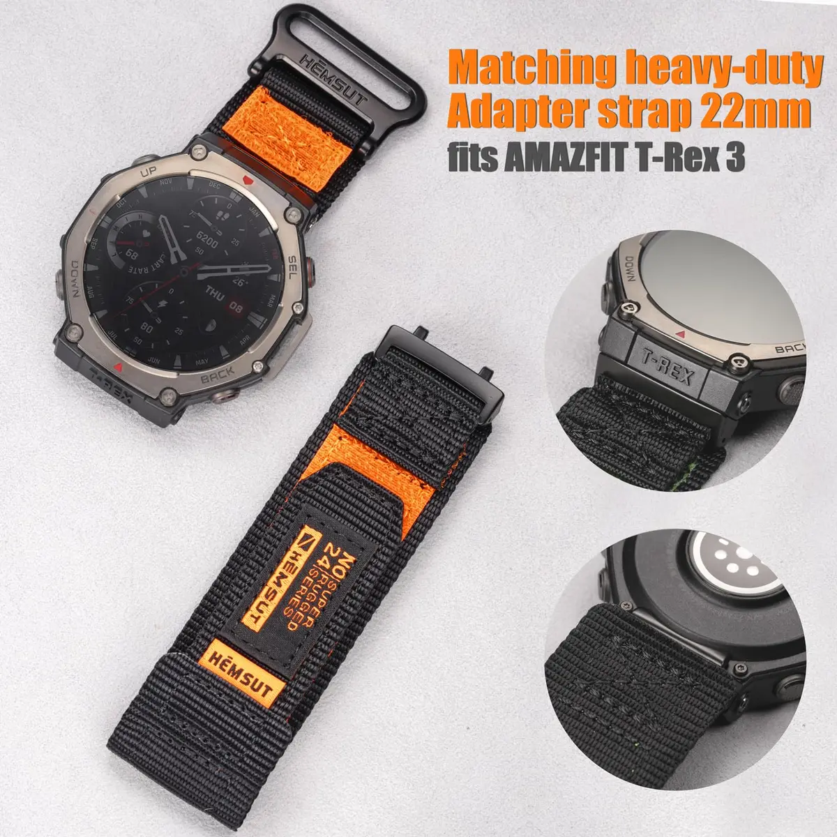 torbollo Sport Loop Watch Band for Amazfit T-Rex 3 Pro 48mm | Black/Orange Nylon Adjustable - view 6