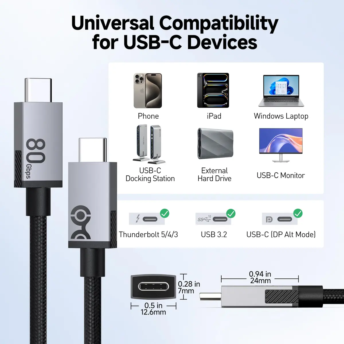 Cable Matters 80Gbps USB4 Cable, Thunderbolt 5/4 Compatible, 2m (6.6ft) | 8K@120Hz Video, 240W PD - view 7