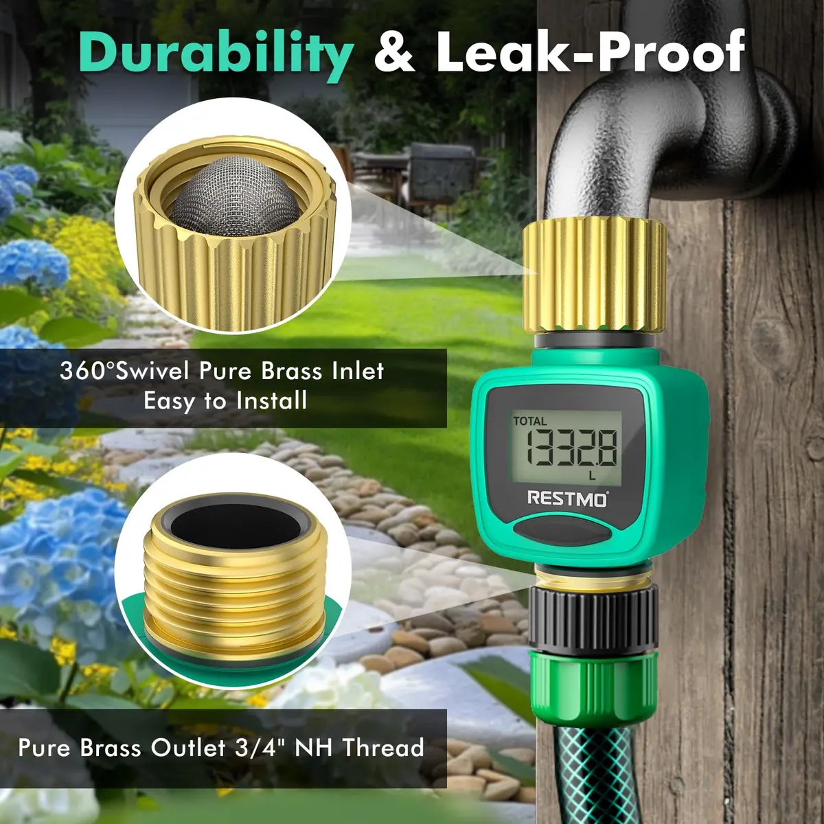 RESTMO Heavy Duty Water Flow Meter with Brass Inlet & Outlet, 1-40 LPM (0.26-10.6 GPM) | Accurate Flow & Consumption Tracking - view 2