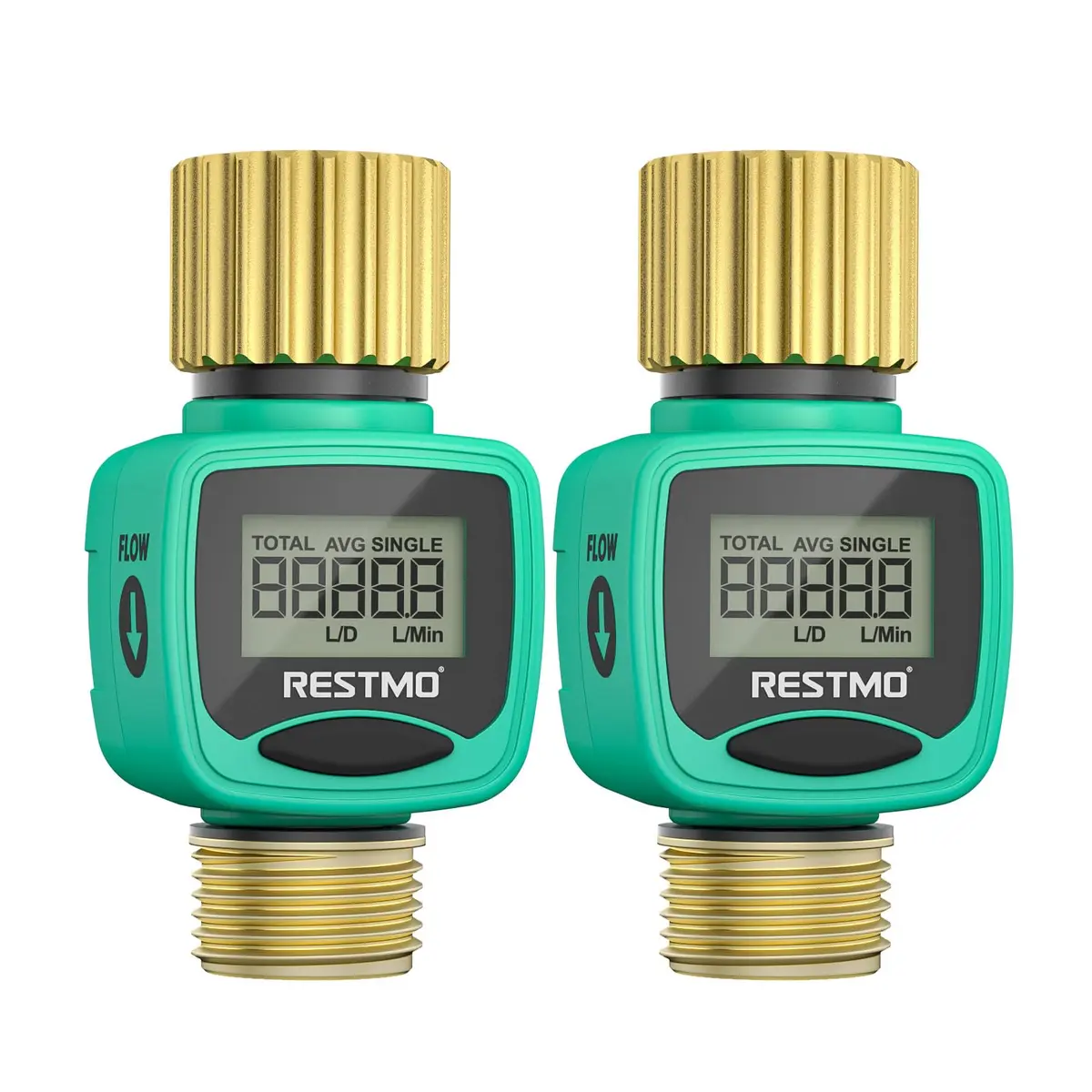 Restmo Heavy Duty Water Flow Meter with Brass Inlet & Outlet, 2 Pack | Measures Gallons/Liters & Flow Rate Accurately - main product image