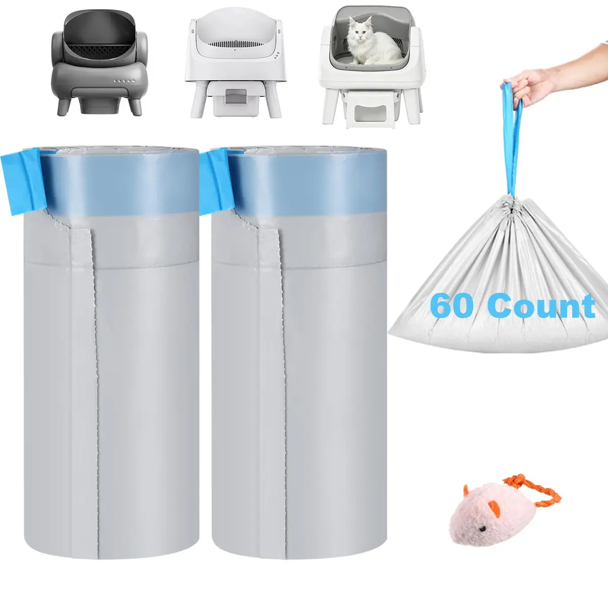 KropBom Heavy Duty Cat Waste Bags 27"x13" | Leak-Proof, Drawstring, 60 pcs - main product image