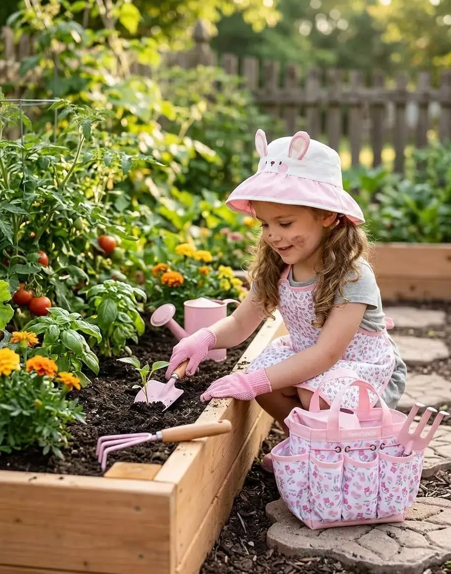 Seedypop Kids Gardening Tool Set with Hat, Apron & Gloves | 8-Piece Pink Flower Set - view 4