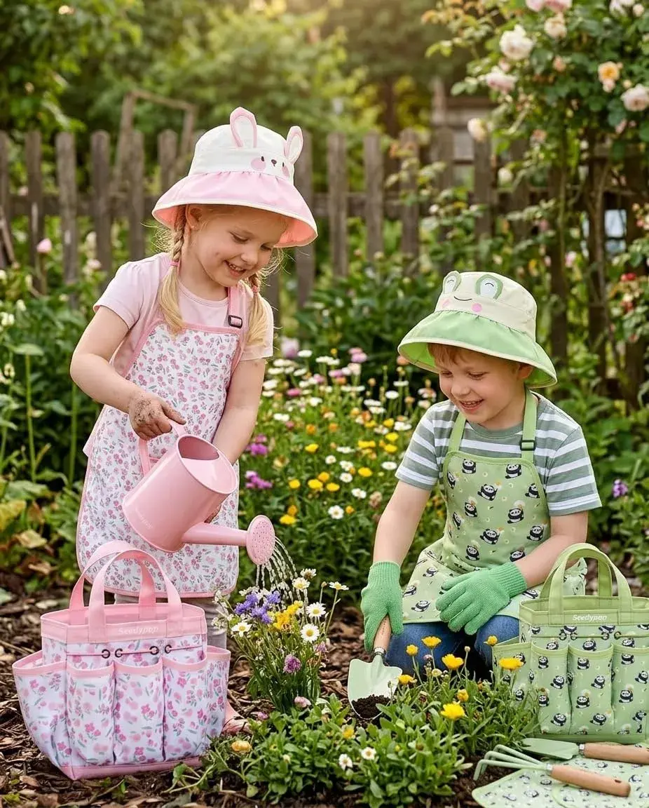 Seedypop Kids Gardening Tool Set with Hat, Apron & Gloves | 8-Piece Pink Flower Set - view 5