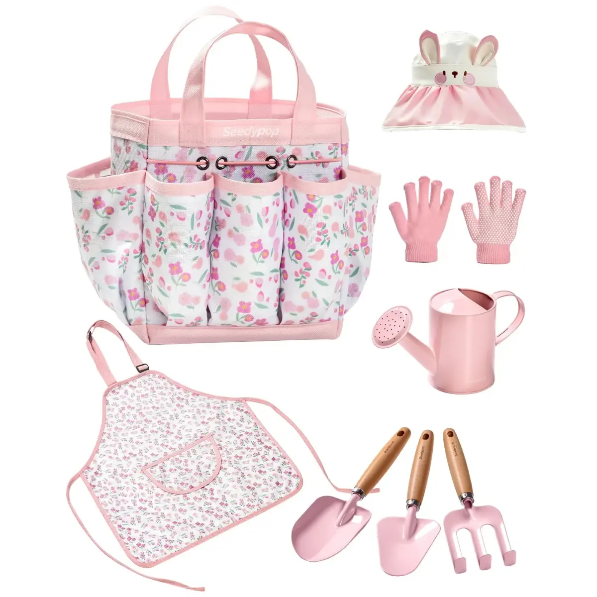 Seedypop Kids Gardening Tool Set with Hat, Apron & Gloves | 8-Piece Pink Flower Set - main product image