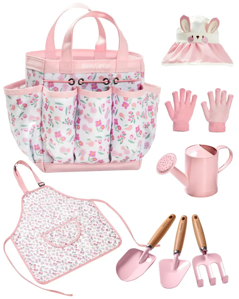 Seedypop Kids Gardening Tool Set with Hat, Apron & Gloves | 8-Piece Pink Flower Set - main product image