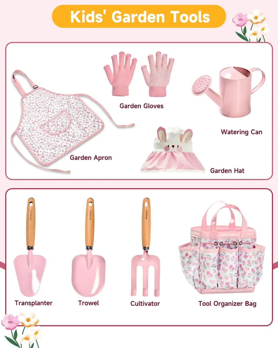 Seedypop Kids Gardening Tool Set with Hat, Apron & Gloves | 8-Piece Pink Flower Set - view 2