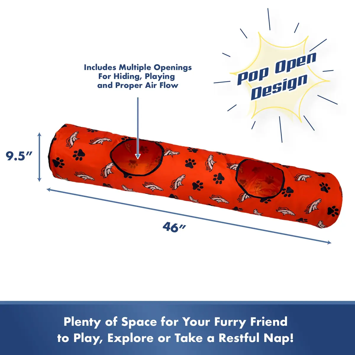Pets First NFL Denver Broncos Cat Tunnel Tube Toy with Plush Football, Collapsible & Durable, All-Over Team Logo, for Cats to Play, Peek & Hide - view 5