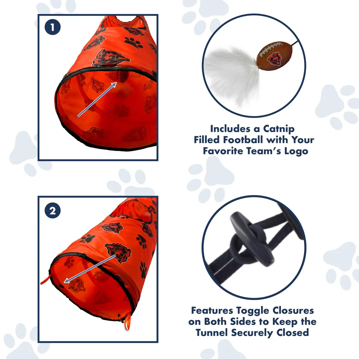 Pets First NFL Denver Broncos Cat Tunnel Tube Toy with Plush Football, Collapsible & Durable, All-Over Team Logo, for Cats to Play, Peek & Hide - view 6