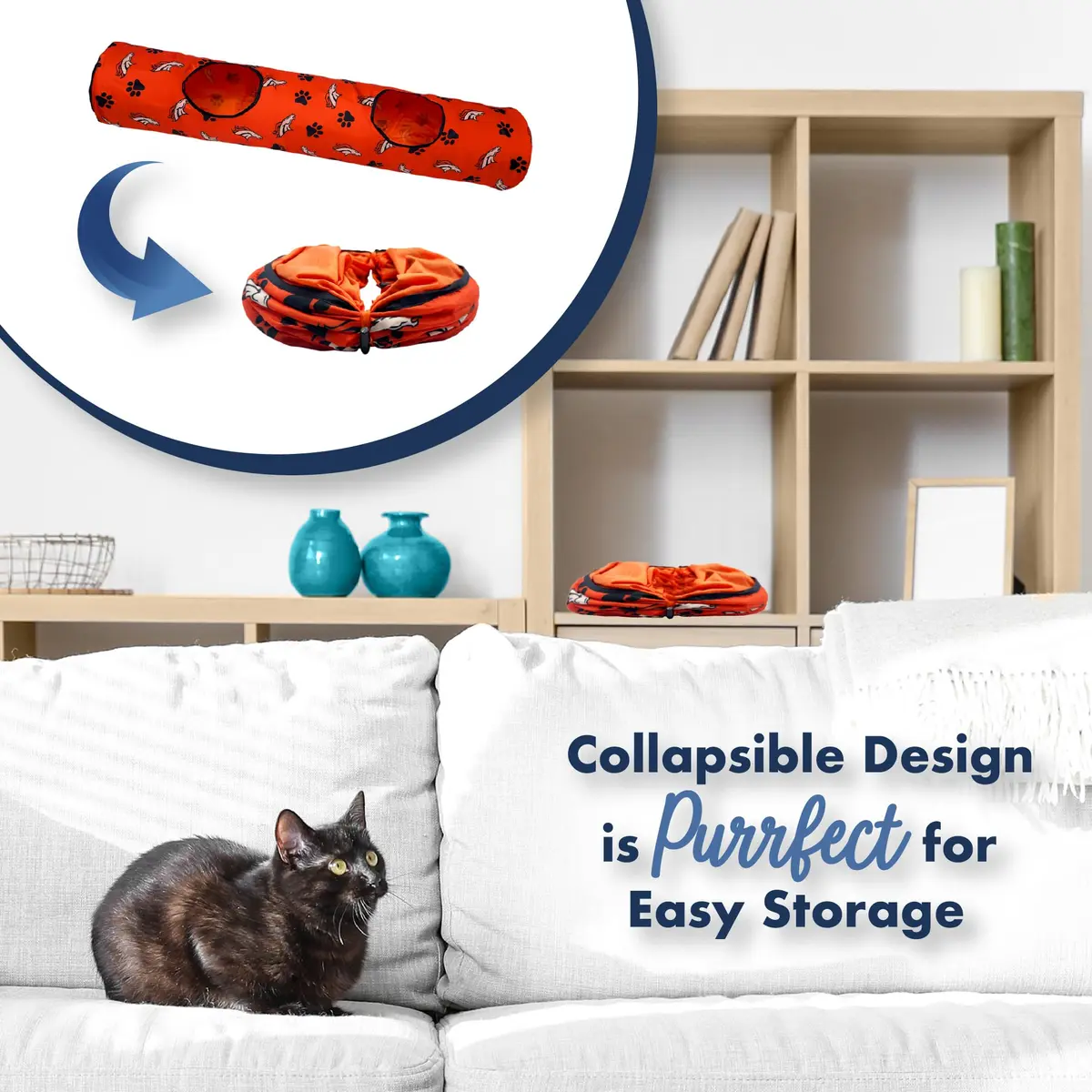Pets First NFL Denver Broncos Cat Tunnel Tube Toy with Plush Football, Collapsible & Durable, All-Over Team Logo, for Cats to Play, Peek & Hide - view 7
