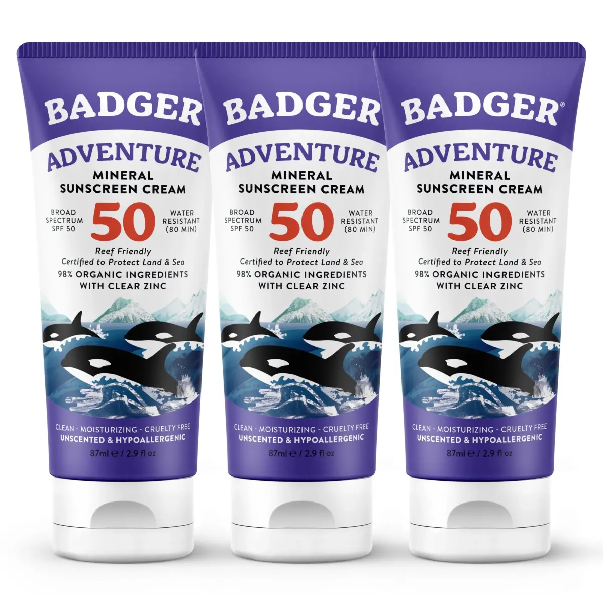 Badger Biodegradable Reef Safe Sunscreen SPF 50, 8.7ml (2.9 Fl Oz) 3-Pack | Broad Spectrum Protection for Sensitive Skin - main product image