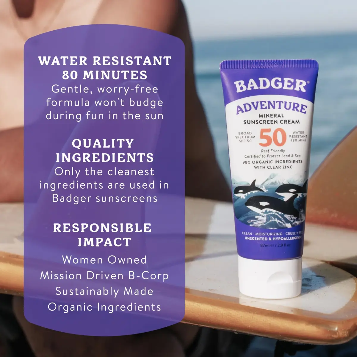 Badger Biodegradable Reef Safe Sunscreen SPF 50, 8.7ml (2.9 Fl Oz) 3-Pack | Broad Spectrum Protection for Sensitive Skin - view 7