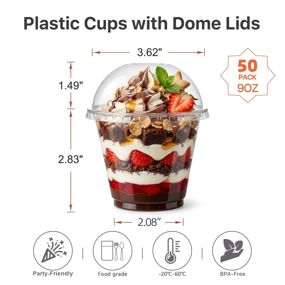 Lullaby 50 Pack 9 oz Clear Plastic Dessert Cups with Cross Hole Dome Lids | Disposable Party Cups for Daily Use - view 2