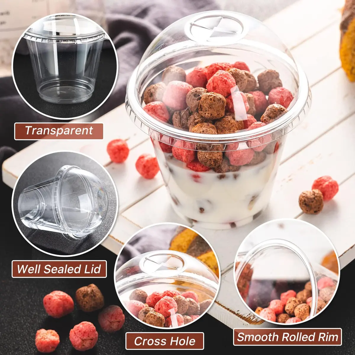 Lullaby 100 Pack 9oz Clear Plastic Dessert Cups with Dome Lids | Disposable to Go Party Cups - view 5