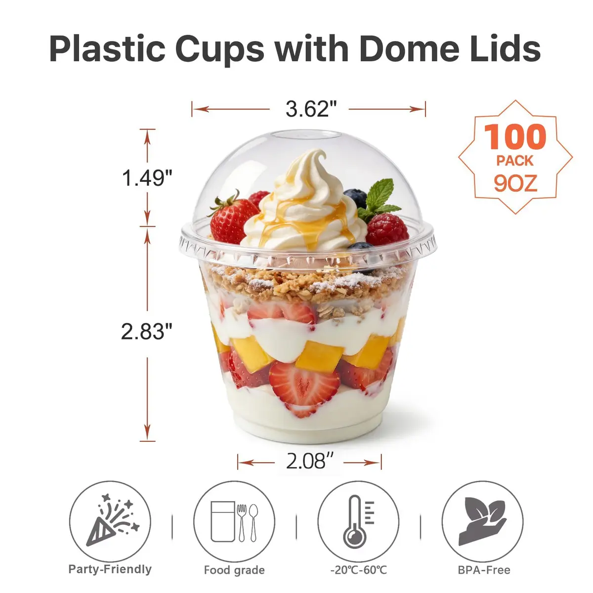 Lullaby 100 Pack 9oz Clear Plastic Dessert Cups with Dome Lids | Disposable to Go Party Cups - view 2