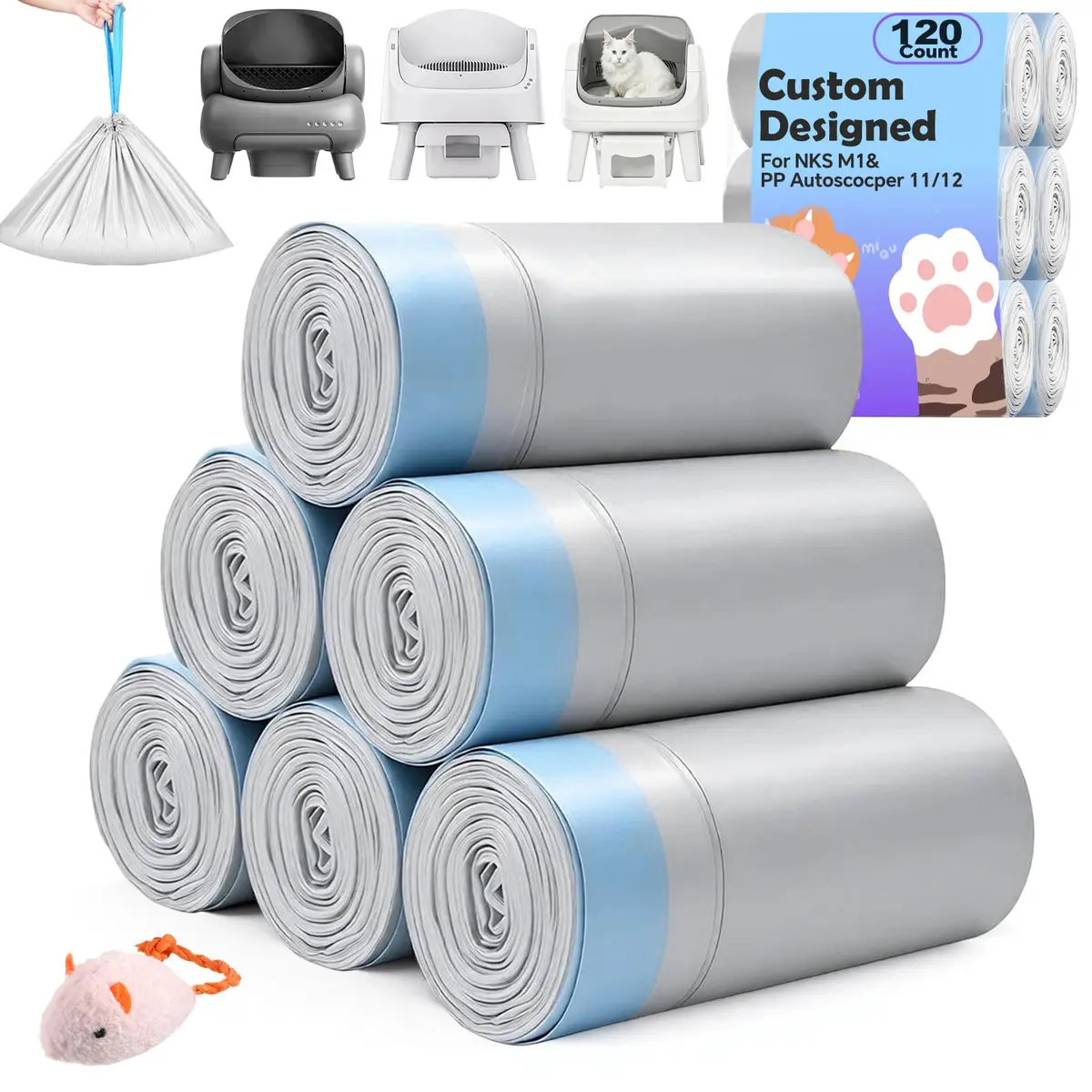 KropBom Heavy Duty Cat Litter Bags 120 Count (30 bags/roll, 4 rolls) | Leak-Proof, Drawstring Handles, Unscented - main product image